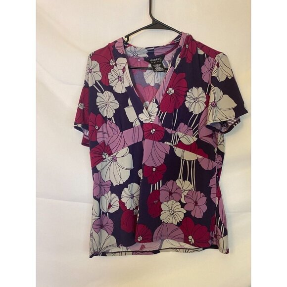 GEORGE WOMENS SIZE LARGE PURPLE FLORAL TOP SHIRT BLOUSE VNECK SHORT - Picture 1 of 3